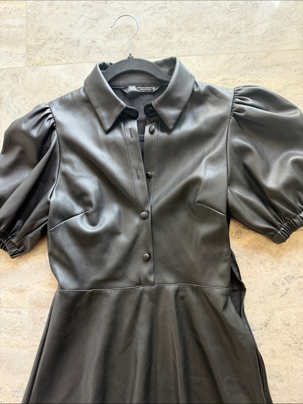 Zara’s Black Faux Leather Puff-Sleeve Dress - Stylish Short Dress - Picture 4 of 7
